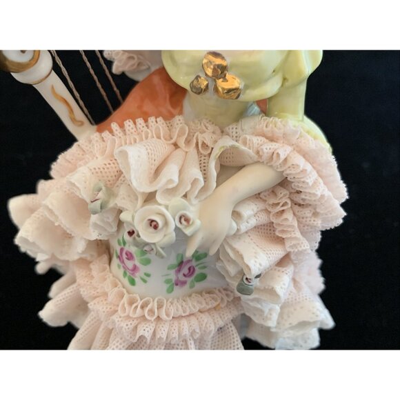 Unterweissbach Dresden Porcelain Lace Figurine Lady With Harp Germany Vintage - Picture 13 of 13